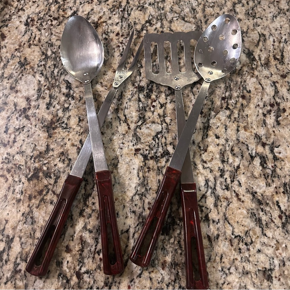 Vintage Stanhome Stanley Stainless Steel Utensil Set Marbled Bakelite MCM